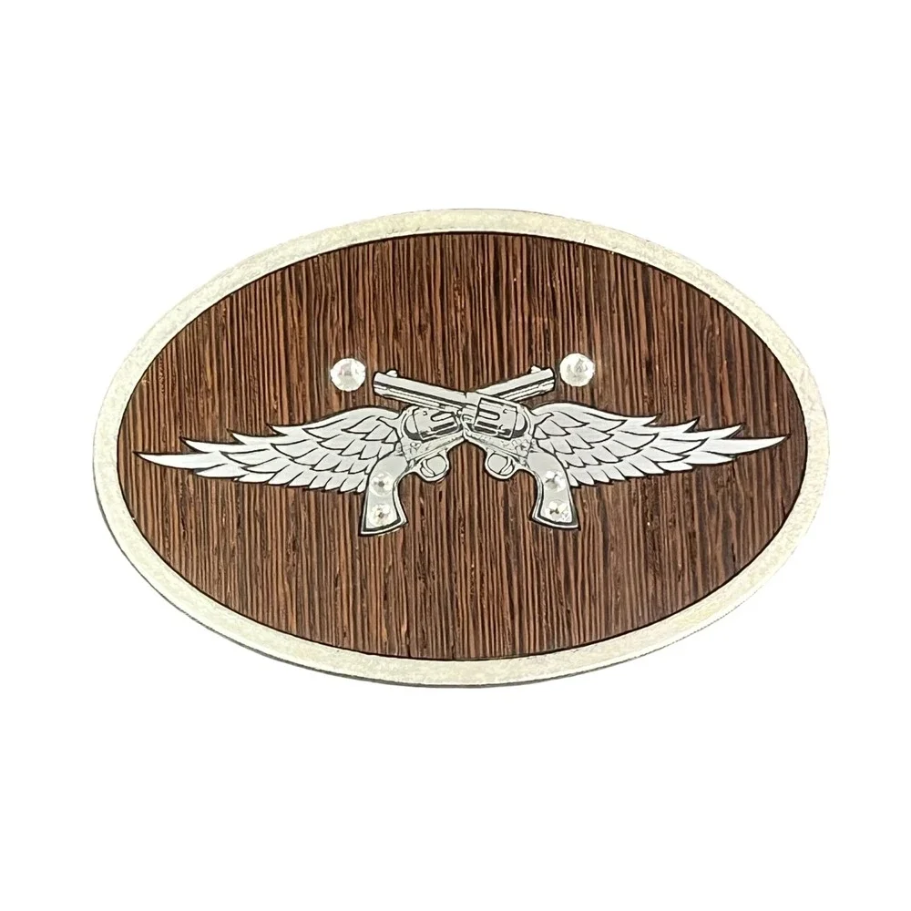 Western Winged Revolvers Belt Buckle Brown Wood Grain Oval Rhinestone Cowgirl